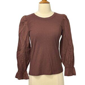Nation LTD Carly Top Long Puff Sleeve Slub Cotton Chocolate Brown Casual Size S